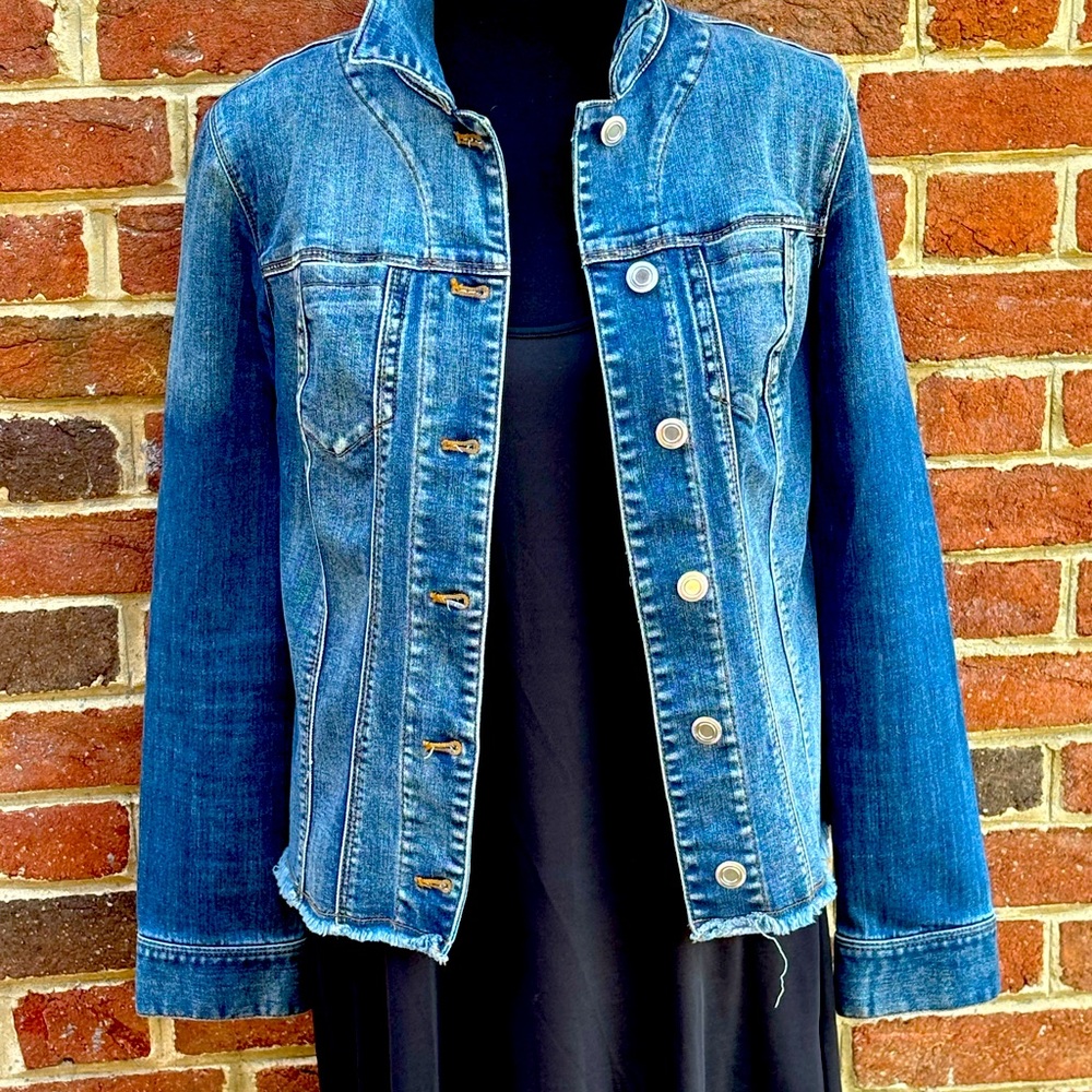 Chico’s jean jacket with frayed edge.  Excellent  condition.  Size large.